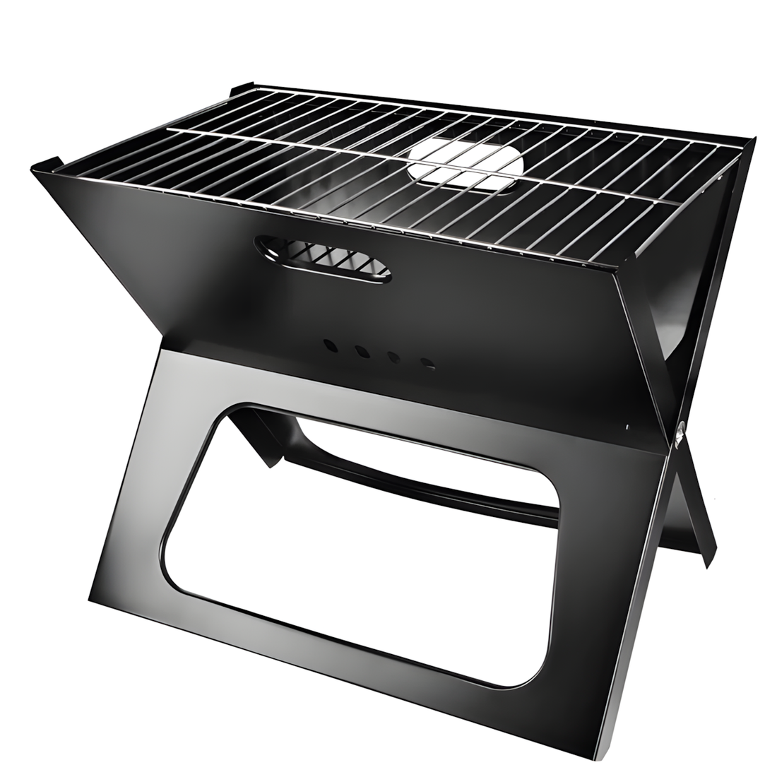 A compact black and silver folding portable grill shown open with skewers of food cooking on top, alongside a hand holding the product's folded carrying case against a white background.