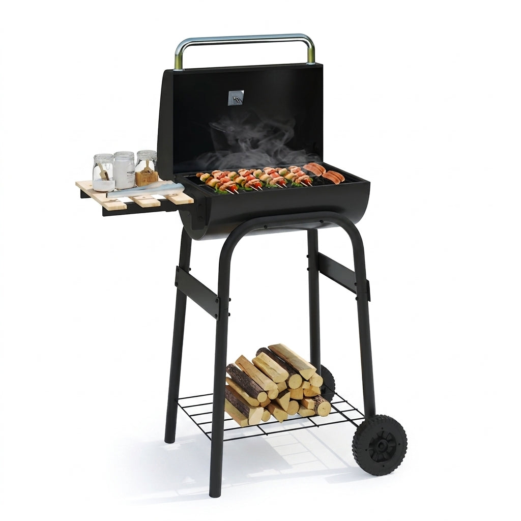 A black outdoor gas grill with a side shelf holding condiments, shown with food cooking inside and a log rack filled with firewood on a white background.