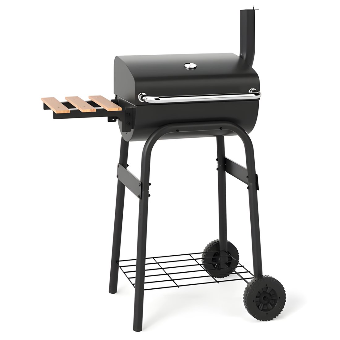 A black outdoor gas grill with a side shelf holding condiments, shown with food cooking inside and a log rack filled with firewood on a white background.