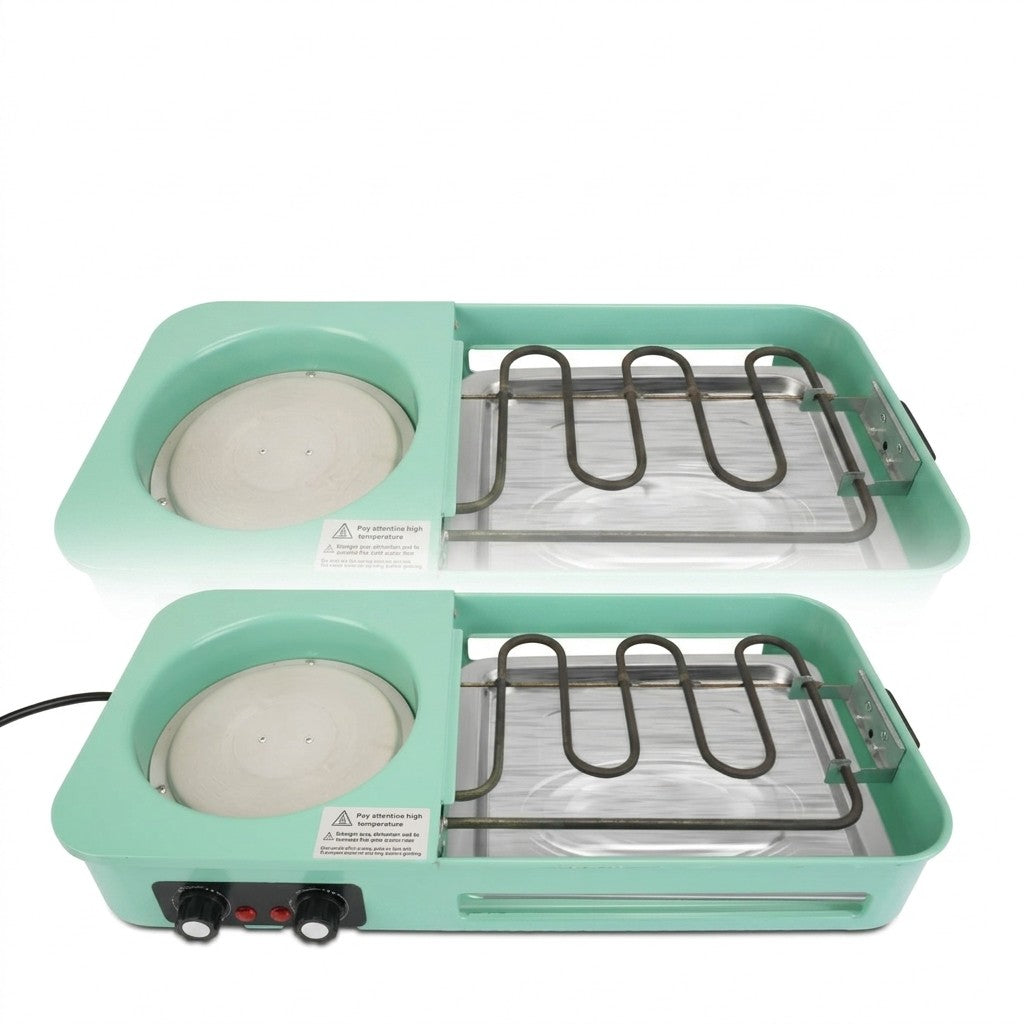 A teal electric multi-functional grill and hot pot set shown with food cooking on the griddle and pot, alongside accessories including a glass lid, spatula, brush, skewers, and metal rods on a white background.
