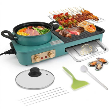 A teal electric multi-functional grill and hot pot set shown with food cooking on the griddle and pot, alongside accessories including a glass lid, spatula, brush, skewers, and metal rods on a white background.