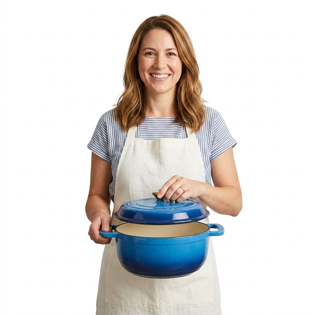 A blue enameled cast iron Dutch oven with a matching lid and gold-toned knob, featuring a cream-colored interior and side handles, shown on a white background.