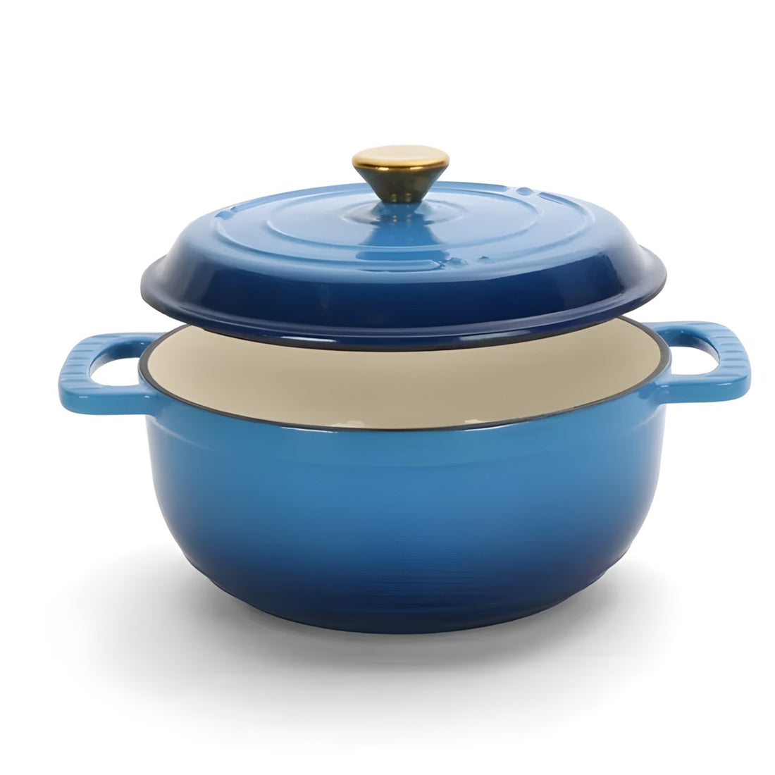 A blue enameled cast iron Dutch oven with a matching lid and gold-toned knob, featuring a cream-colored interior and side handles, shown on a white background.