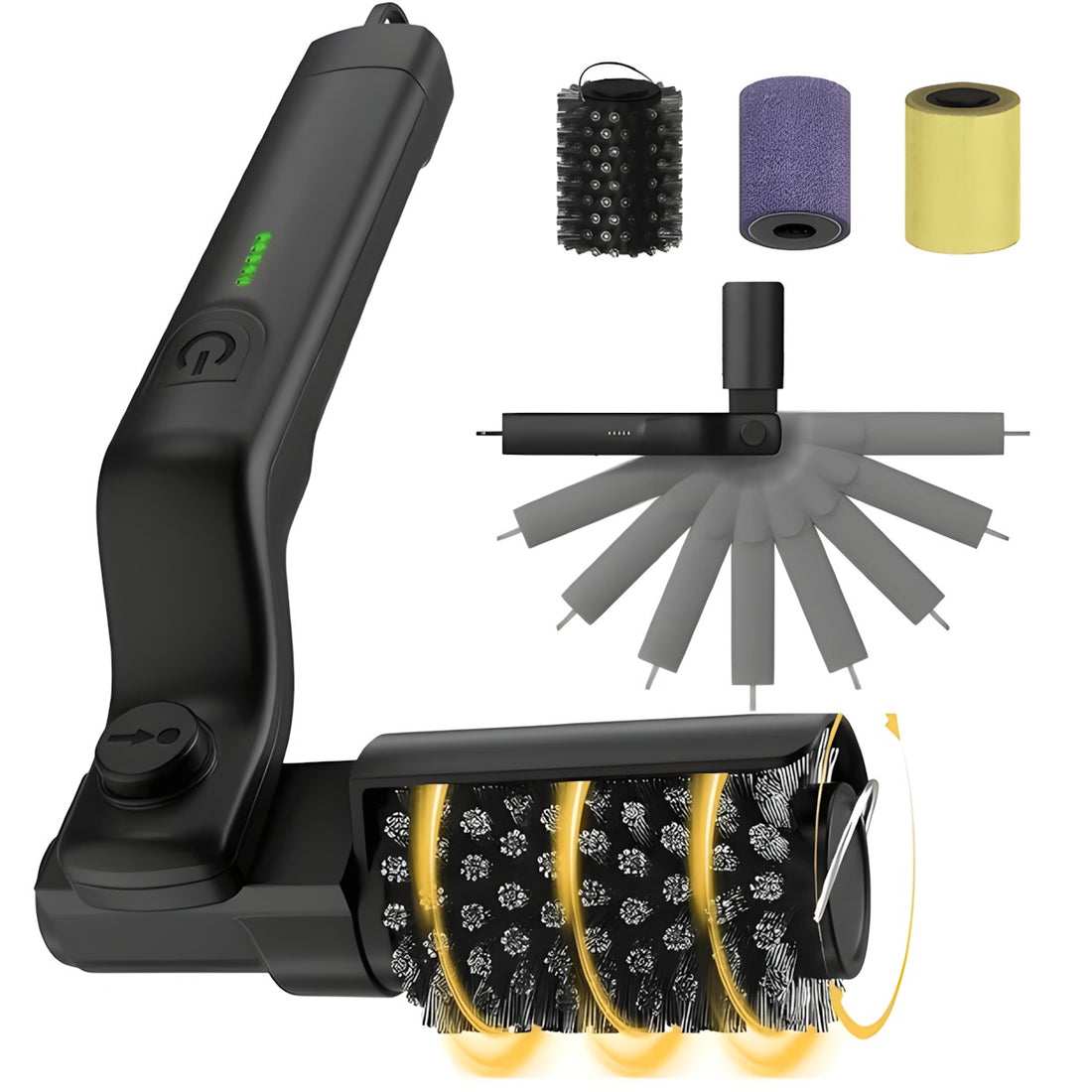 A cordless floor roller vacuum cleaner with a dark gray handle and rotating bristle head, shown on a white background with three interchangeable brush filter attachments displayed on the right.