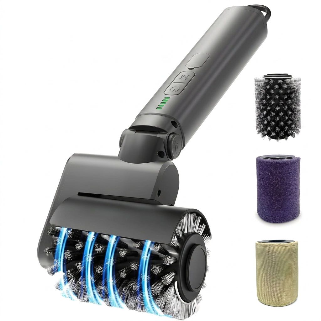 A cordless floor roller vacuum cleaner with a dark gray handle and rotating bristle head, shown on a white background with three interchangeable brush filter attachments displayed on the right.