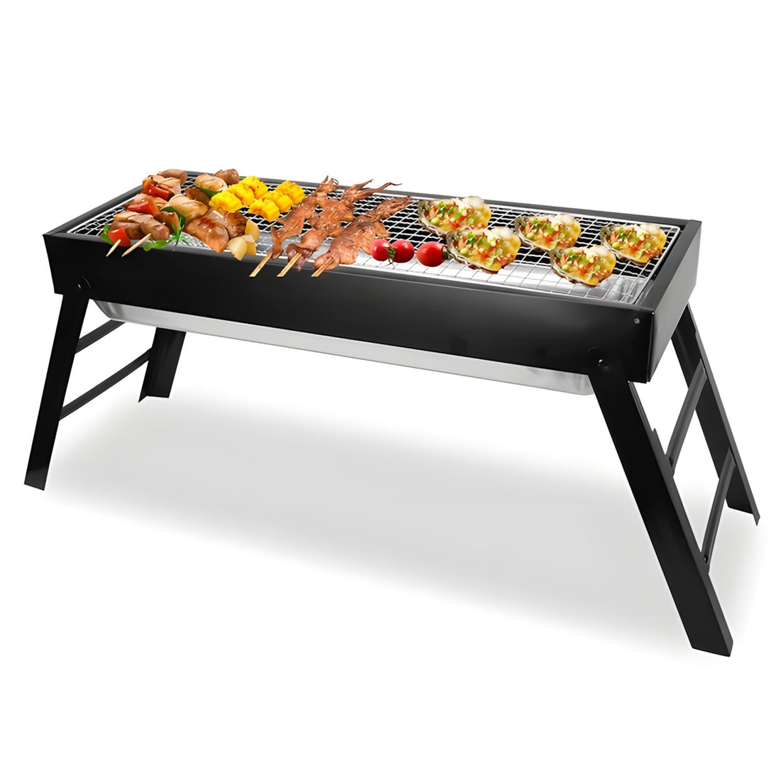 A black folding charcoal grill with a metal grate, shown on a white background with various food items cooking on skewers and plates.