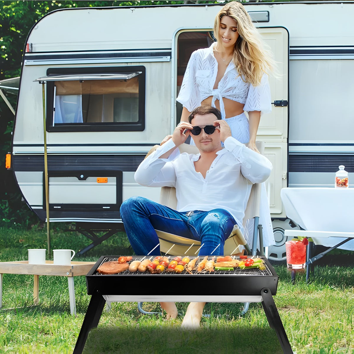Foldable Portable Charcoal BBQ Grill with Charcoal Tray