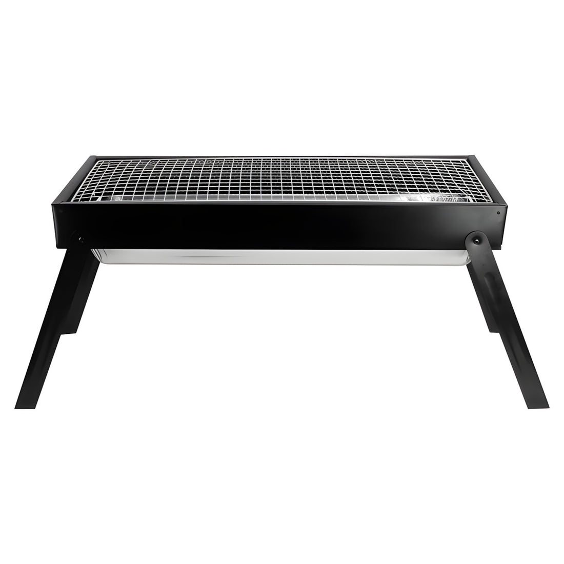 A black folding charcoal grill with a metal grate, shown on a white background with various food items cooking on skewers and plates.