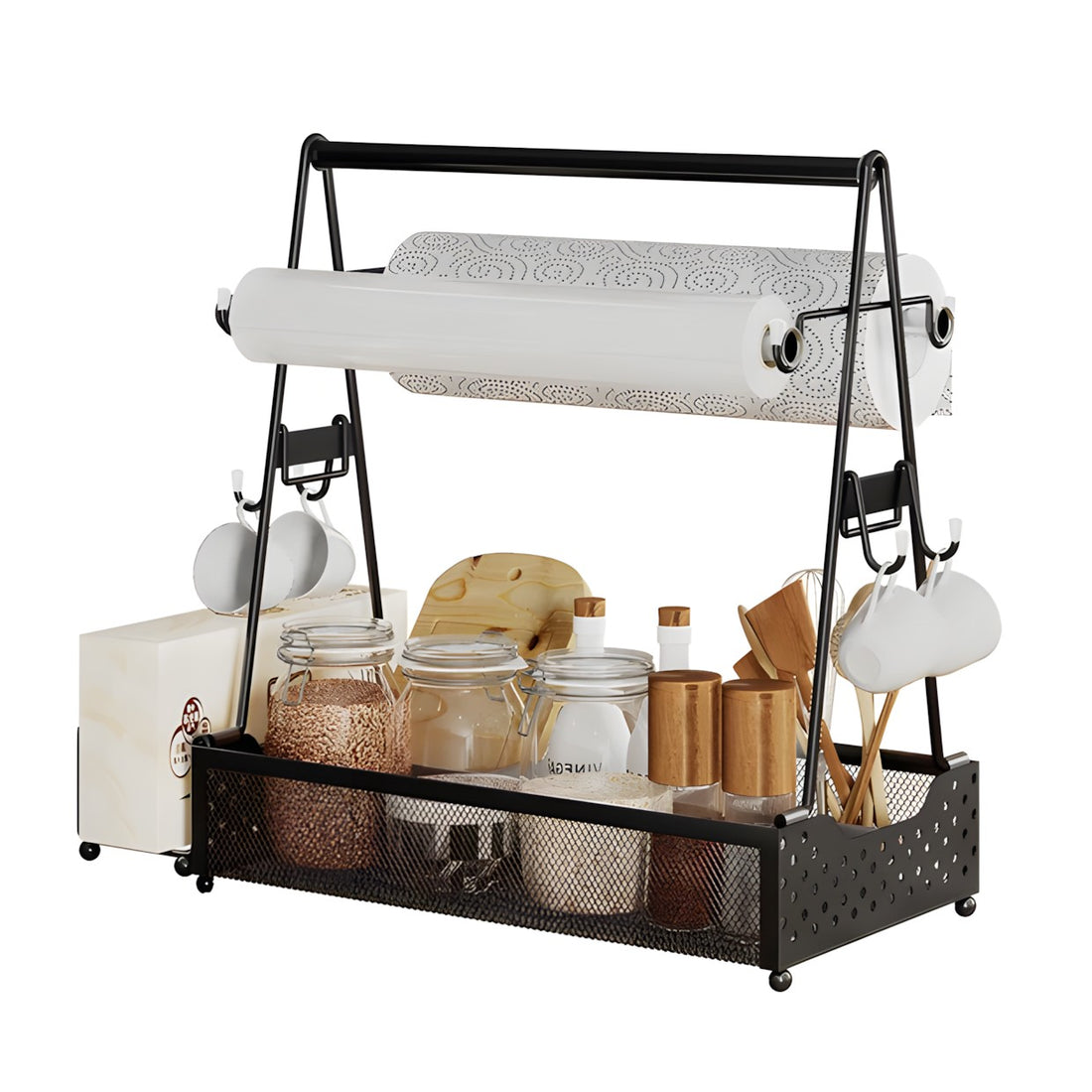 Black metal kitchen organizer cart with a paper towel bar, hanging utensil hooks, and a lower mesh basket holding jars and containers, shown on a white background.
