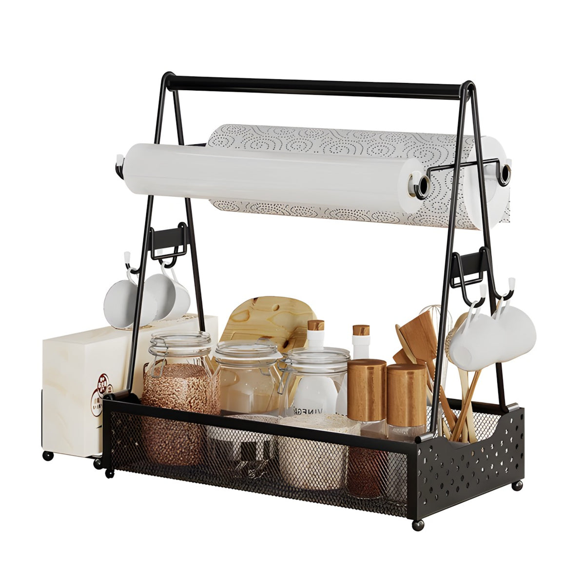 Black metal kitchen organizer cart with a paper towel bar, hanging utensil hooks, and a lower mesh basket holding jars and containers, shown on a white background.