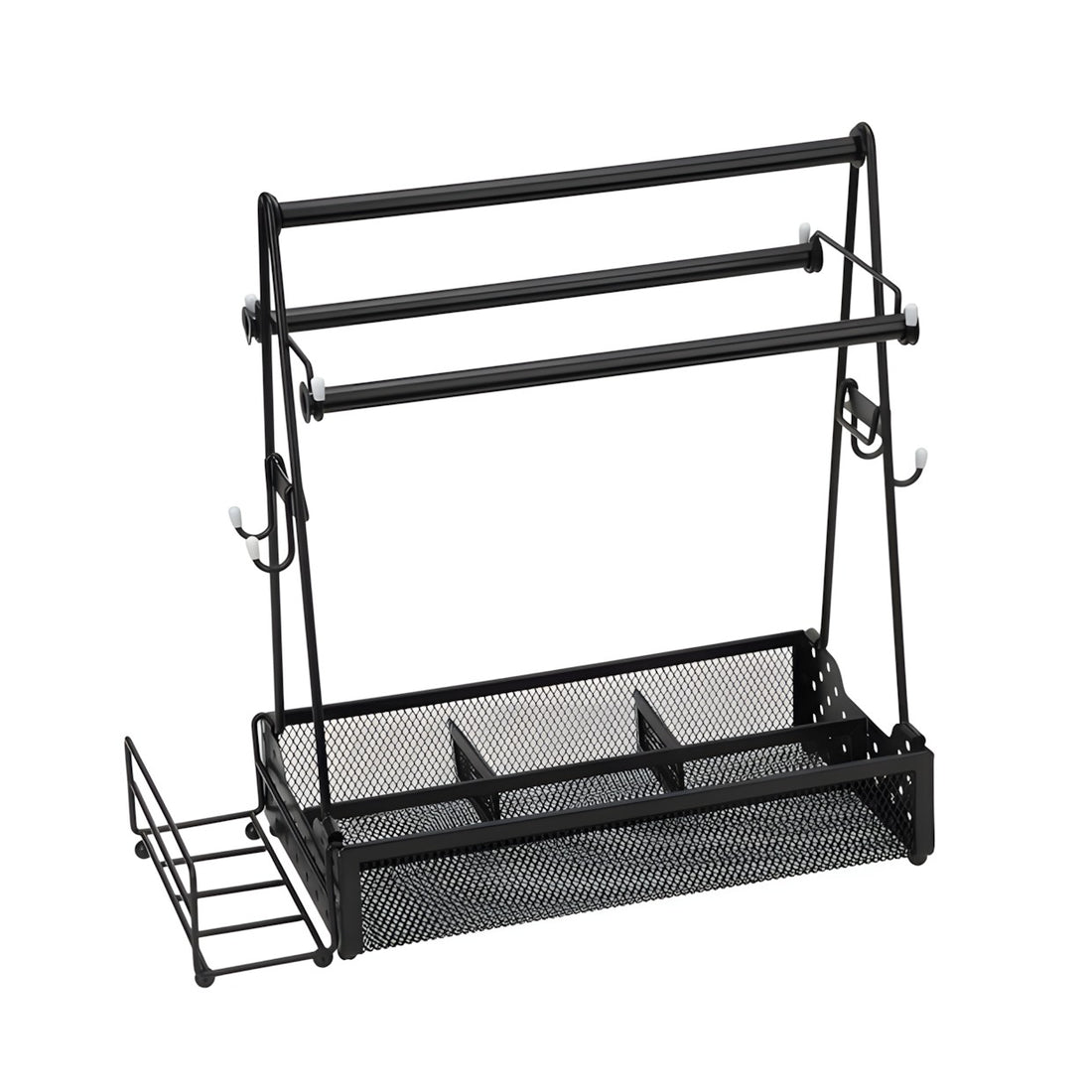 Black metal kitchen organizer cart with a paper towel bar, hanging utensil hooks, and a lower mesh basket holding jars and containers, shown on a white background.