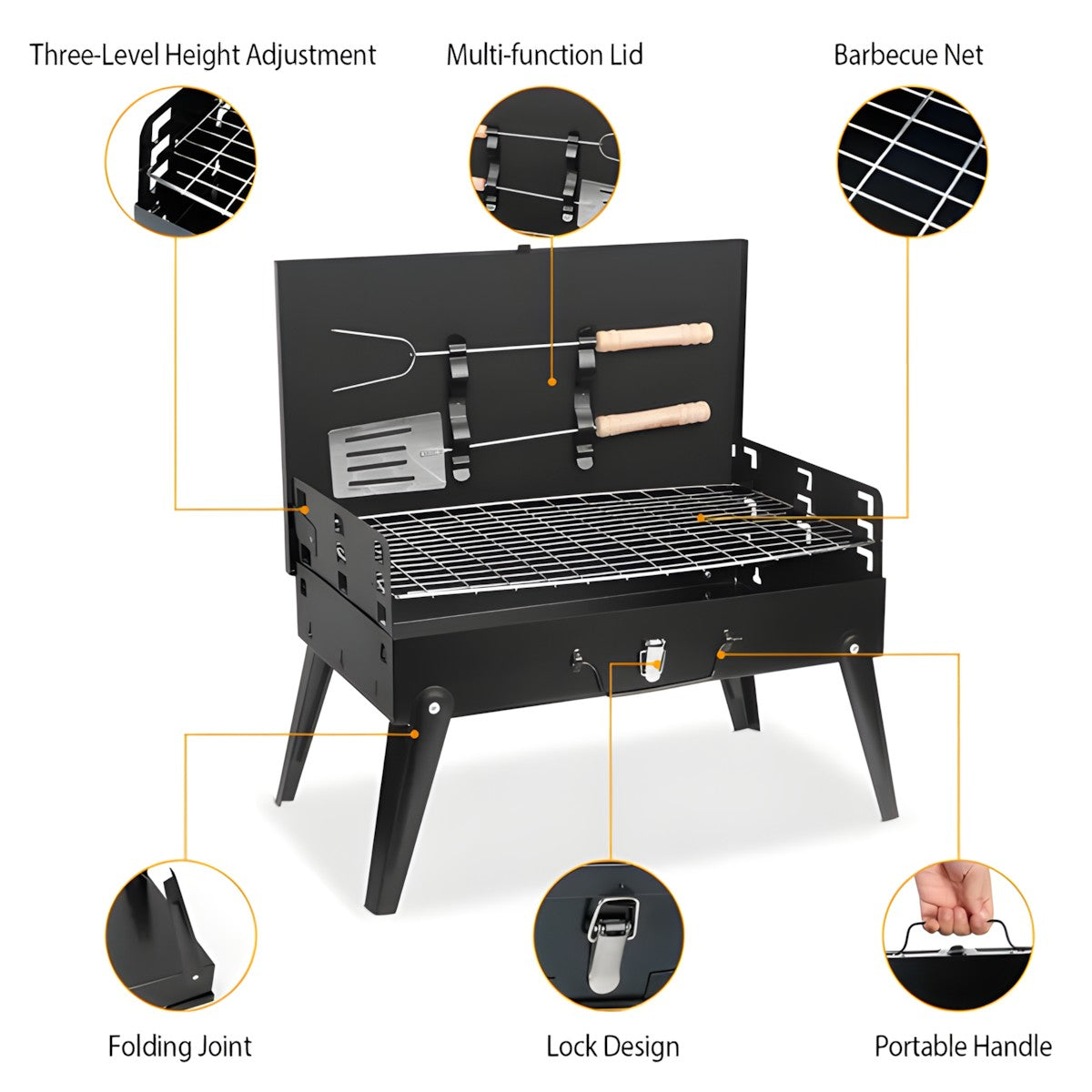 Portable Charcoal BBQ Grill with 3 Adjustable Heights