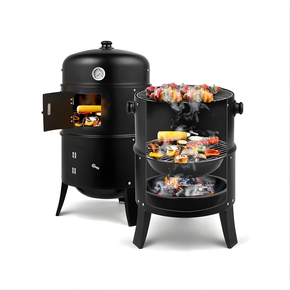 Black multi-tiered barbecue grill with food on a white background