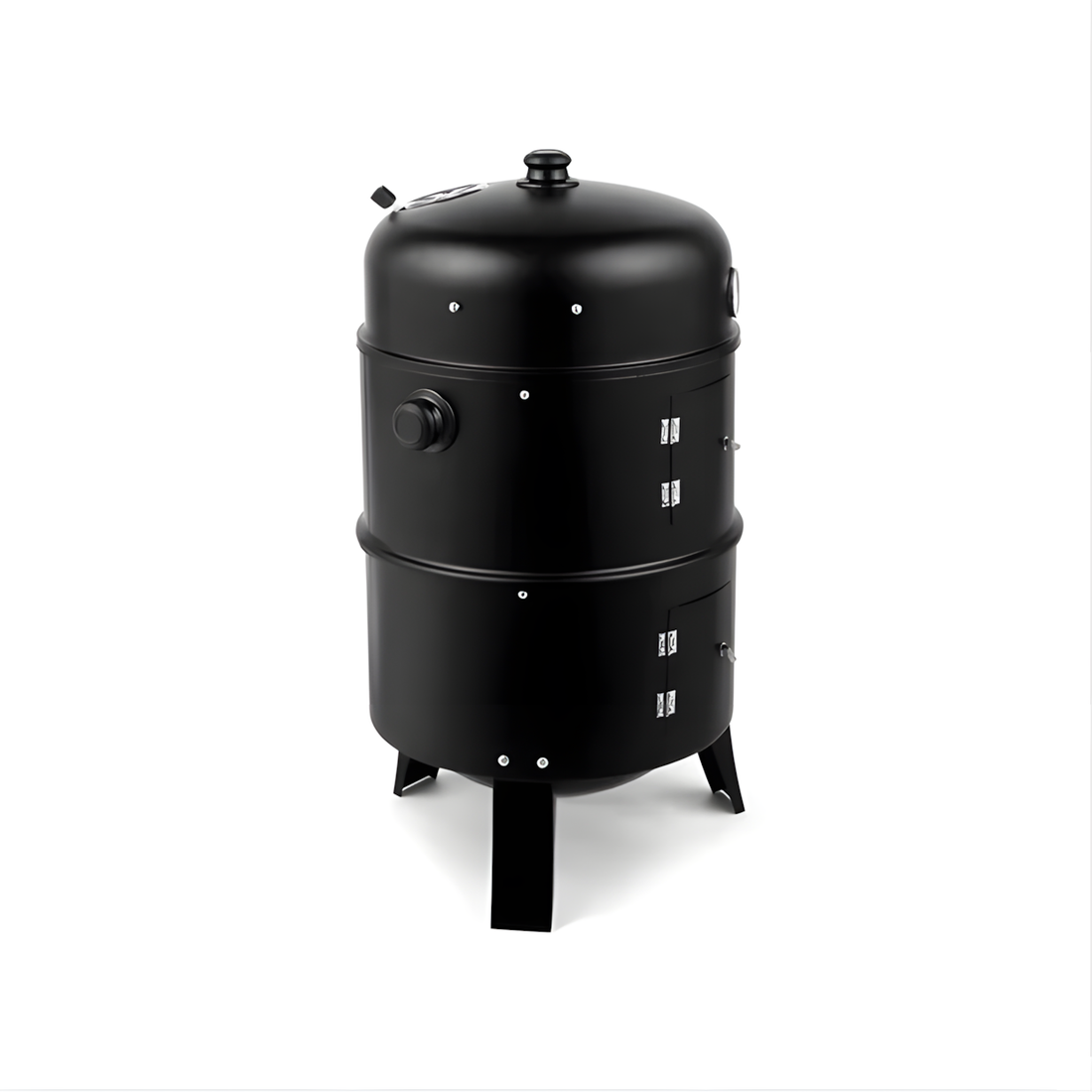 Black multi-tiered barbecue grill with food on a white background