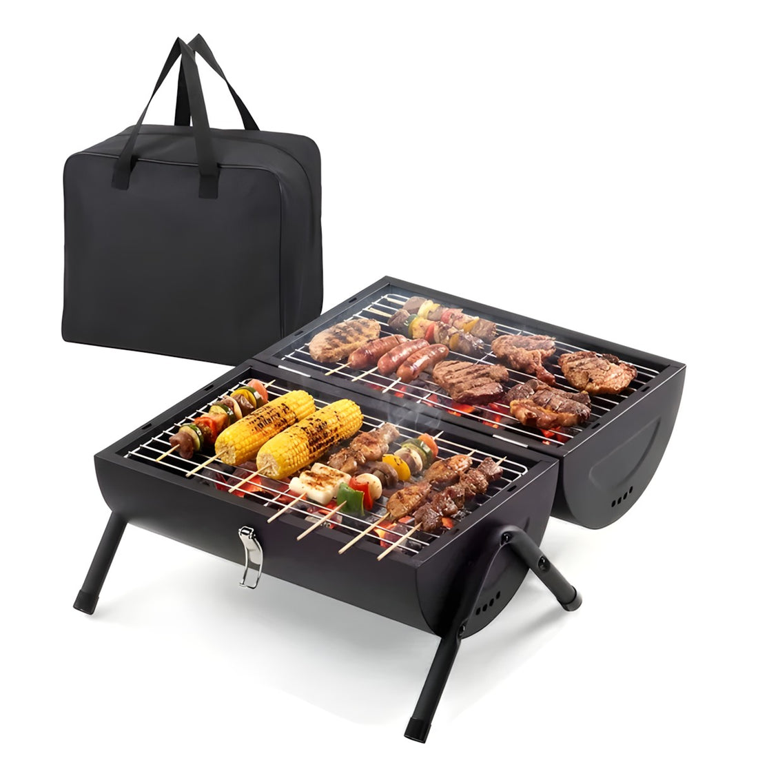 A black portable folding grill with food cooking on the grates, shown alongside a matching black carrying bag on a clean white background.