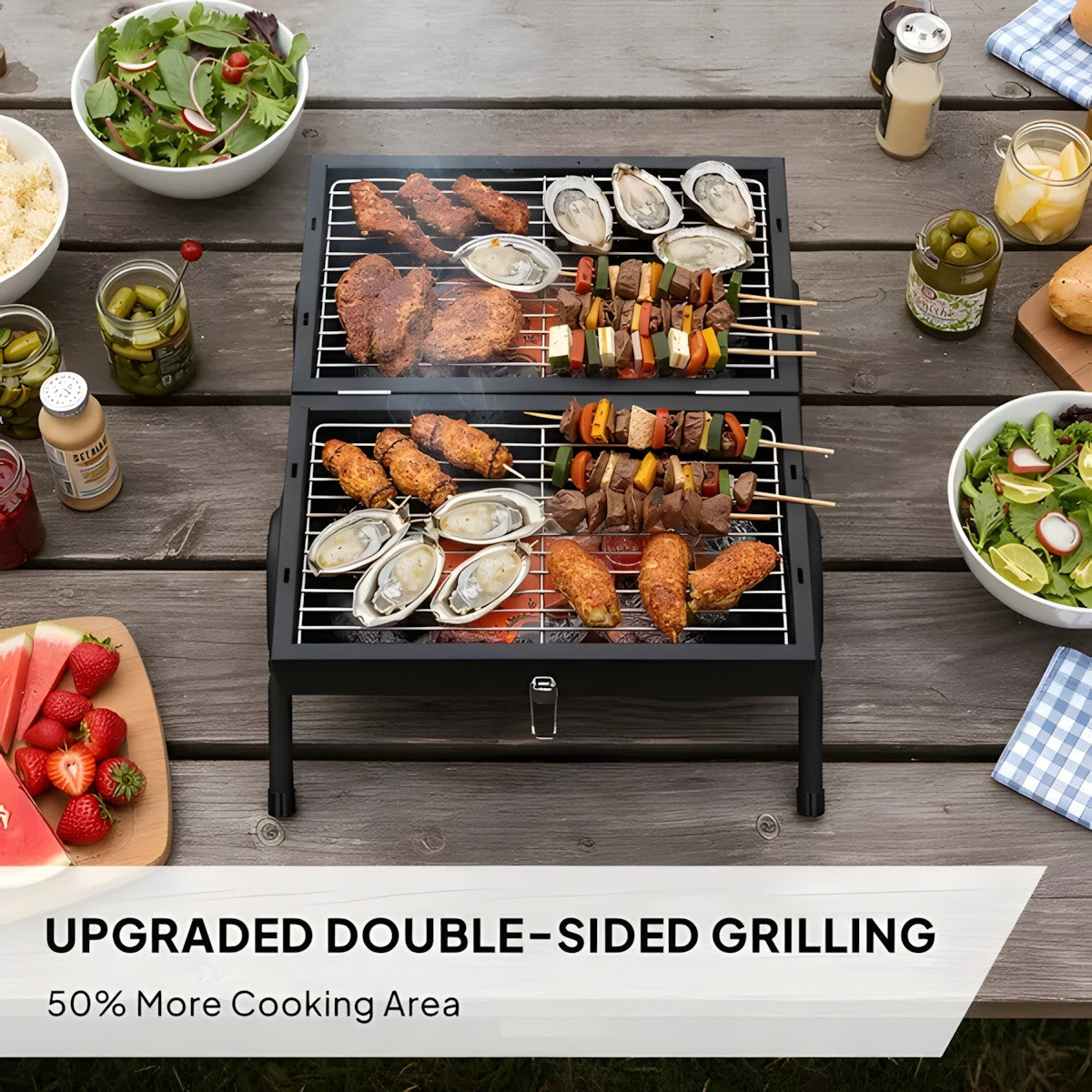 Portable Charcoal Grill with Double-Sided Cooking Design