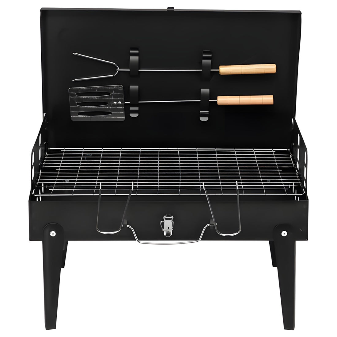 A black portable folding charcoal grill with its lid open, shown on a white background. The grill is set up with food, including a steak, skewers, and vegetables, and has utensils stored inside the lid.