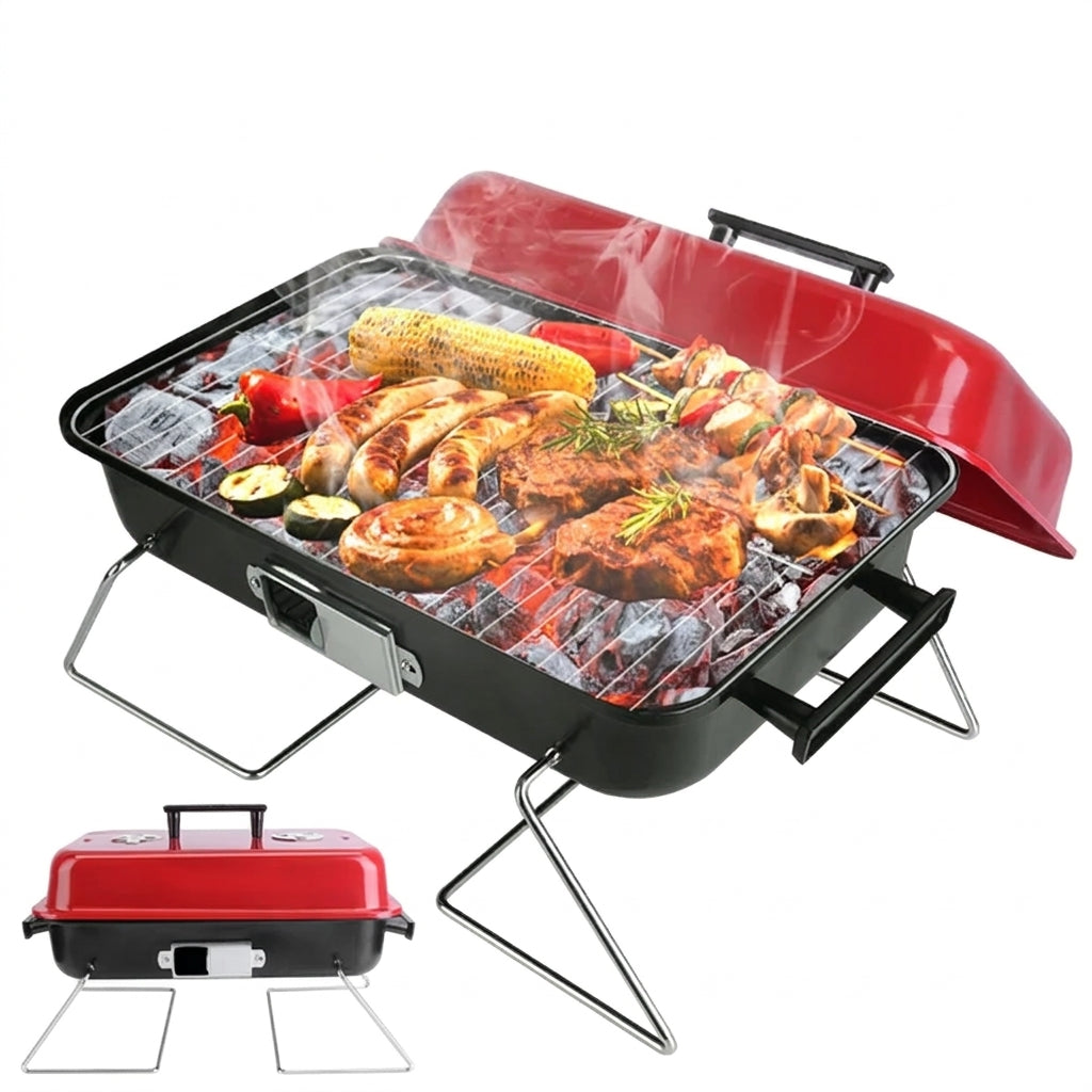 A portable rectangular grill with a black body, red lid, metal legs, and glowing coals underneath, shown with food cooking on top. A smaller inset at the lower left shows the closed grill.