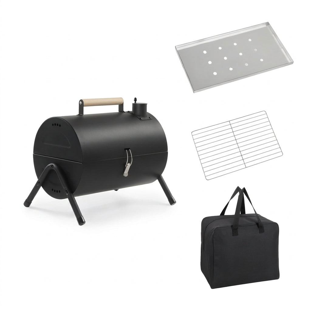 A black portable folding grill with food cooking on the grates, shown alongside a matching black carrying bag on a clean white background.
