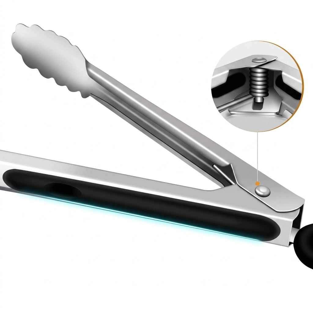 Three pairs of stainless steel tongs in different sizes, featuring black handles and silicone grip pads, displayed on a clean white background.