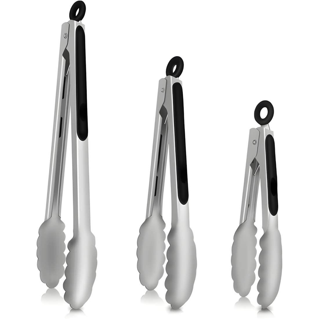 Three pairs of stainless steel tongs in different sizes, featuring black handles and silicone grip pads, displayed on a clean white background.