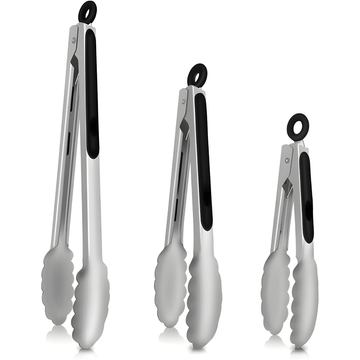 Three pairs of stainless steel tongs in different sizes, featuring black handles and silicone grip pads, displayed on a clean white background.