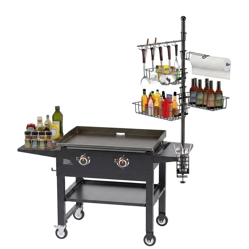 Outdoor Griddle Caddy with Baskets, Hooks & Paper Towel Holder