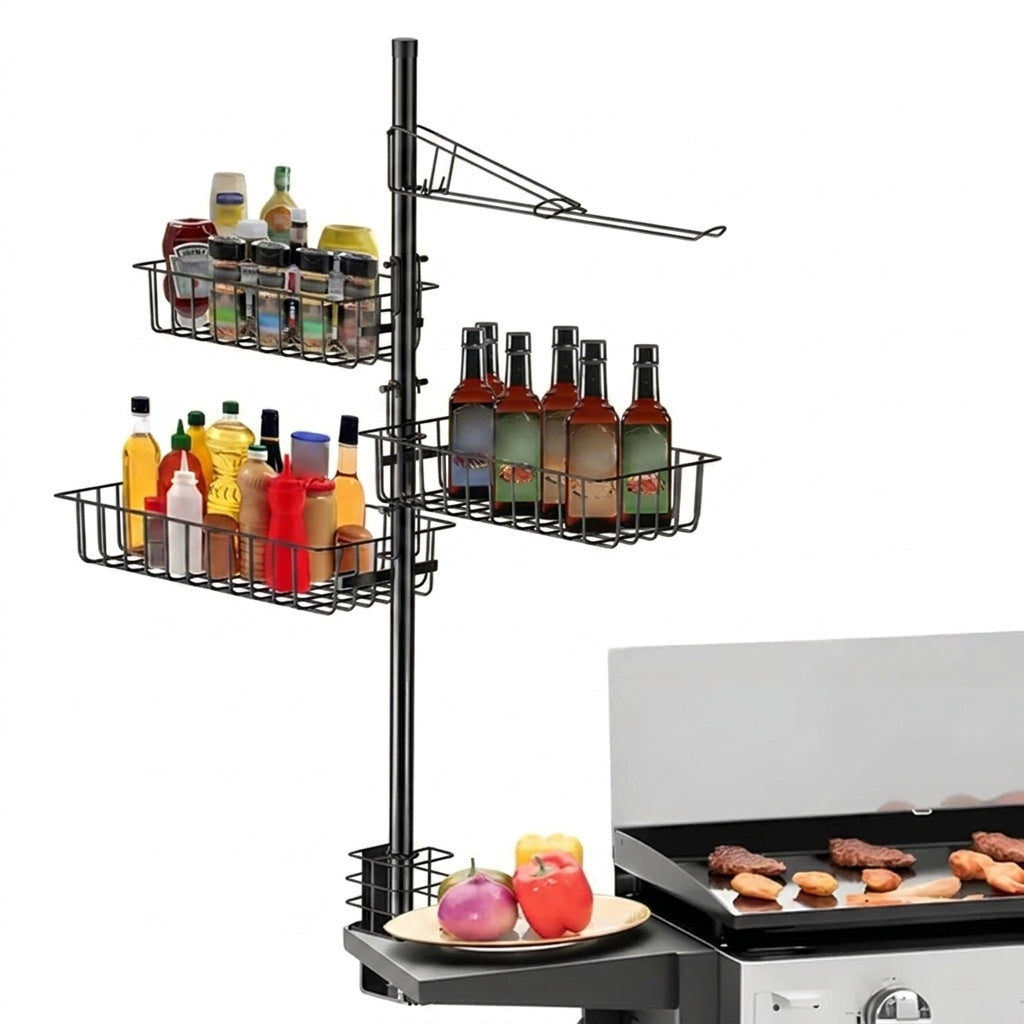 Outdoor Griddle Caddy with Baskets, Hooks & Paper Towel Holder